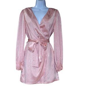 Lulus Wild For Love Zebra Print Faux Wrap Mini Dress Medium Pink Long Sleeve
